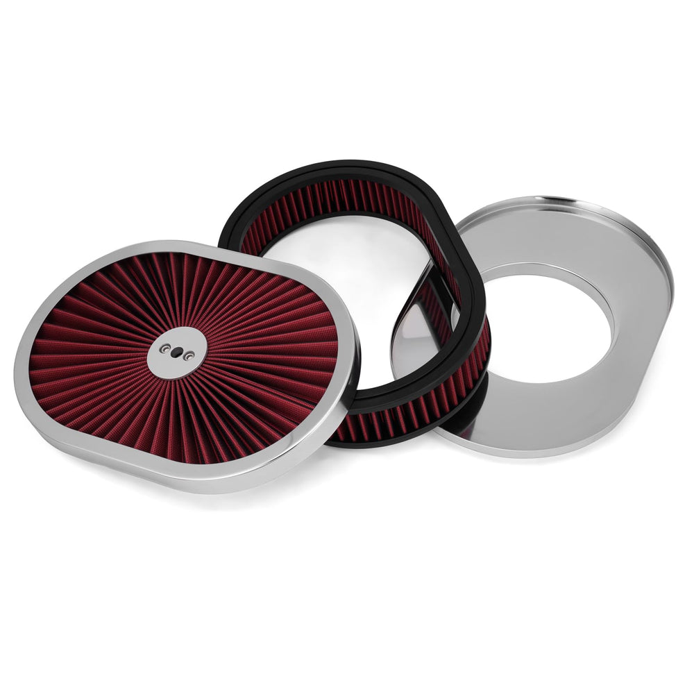 GDUKOP oval air cleaner front view showing polished chrome and red filter for visual upgrade