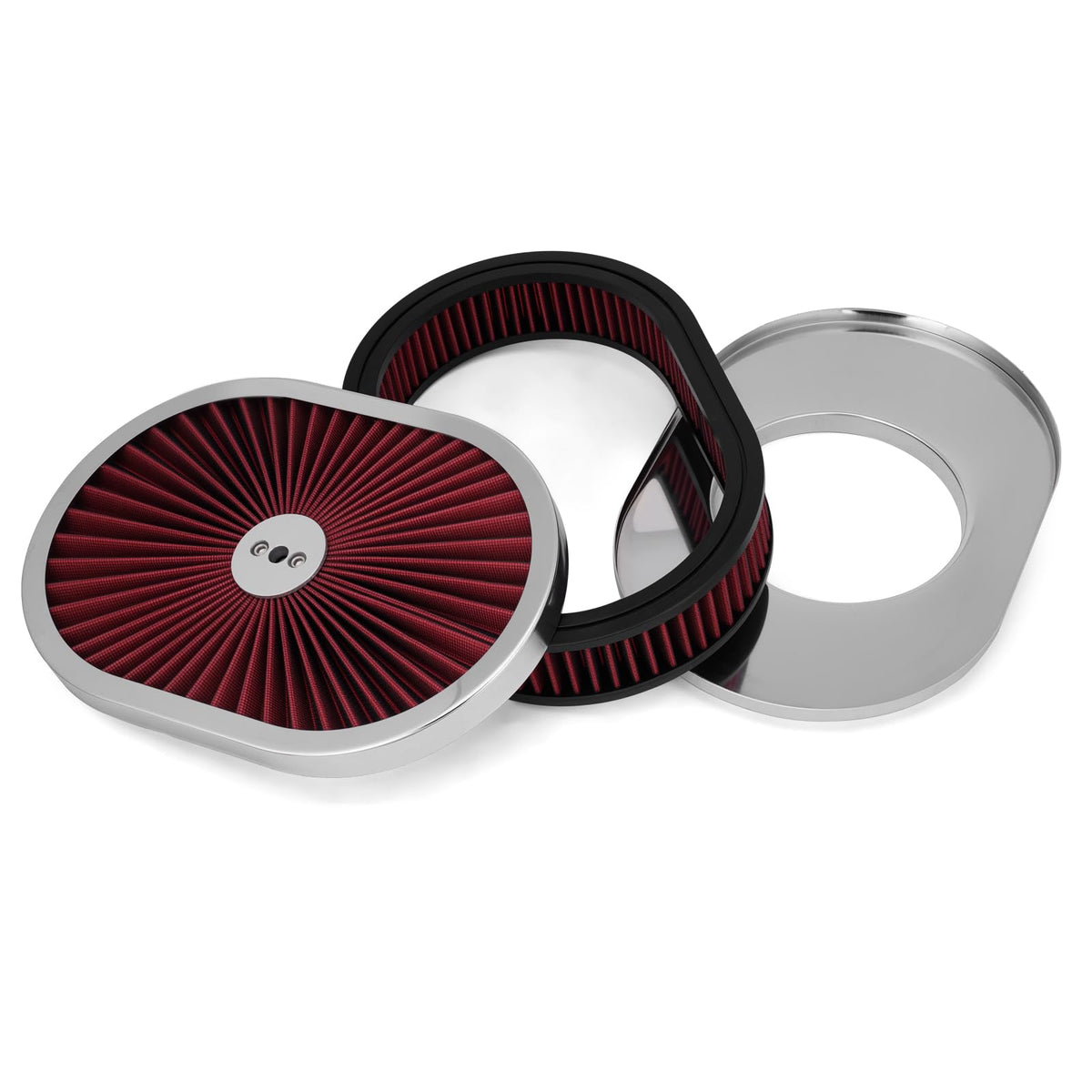 GDUKOP oval air cleaner front view showing polished chrome and red filter for visual upgrade