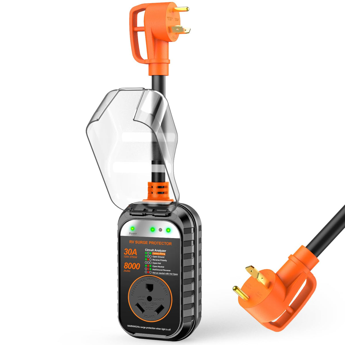 GEARGO front view of orange 30A surge protector showing full unit and connectors for quick recognition