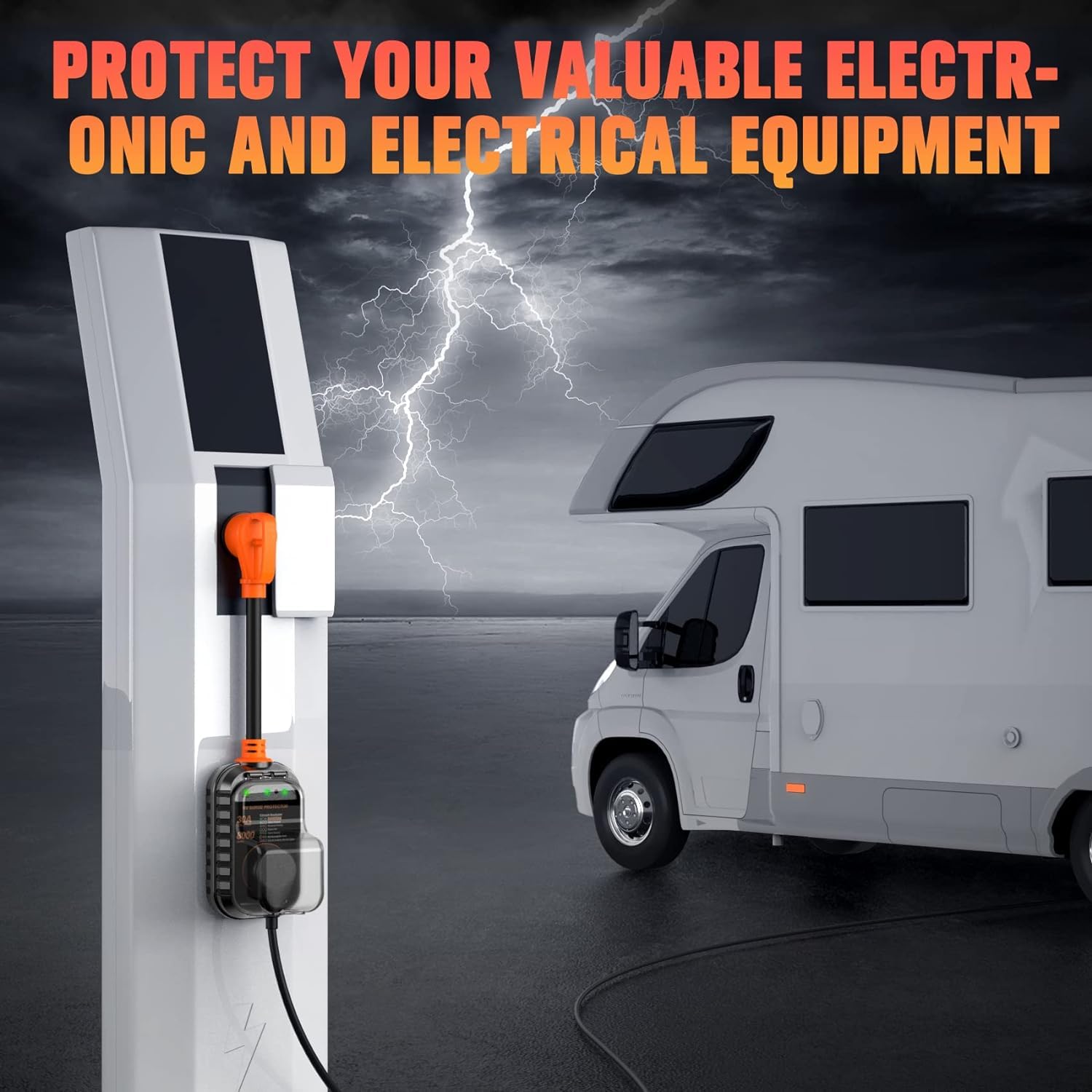 GEARGO plugged into a campground pedestal showing in-use protection and easy diagnostics