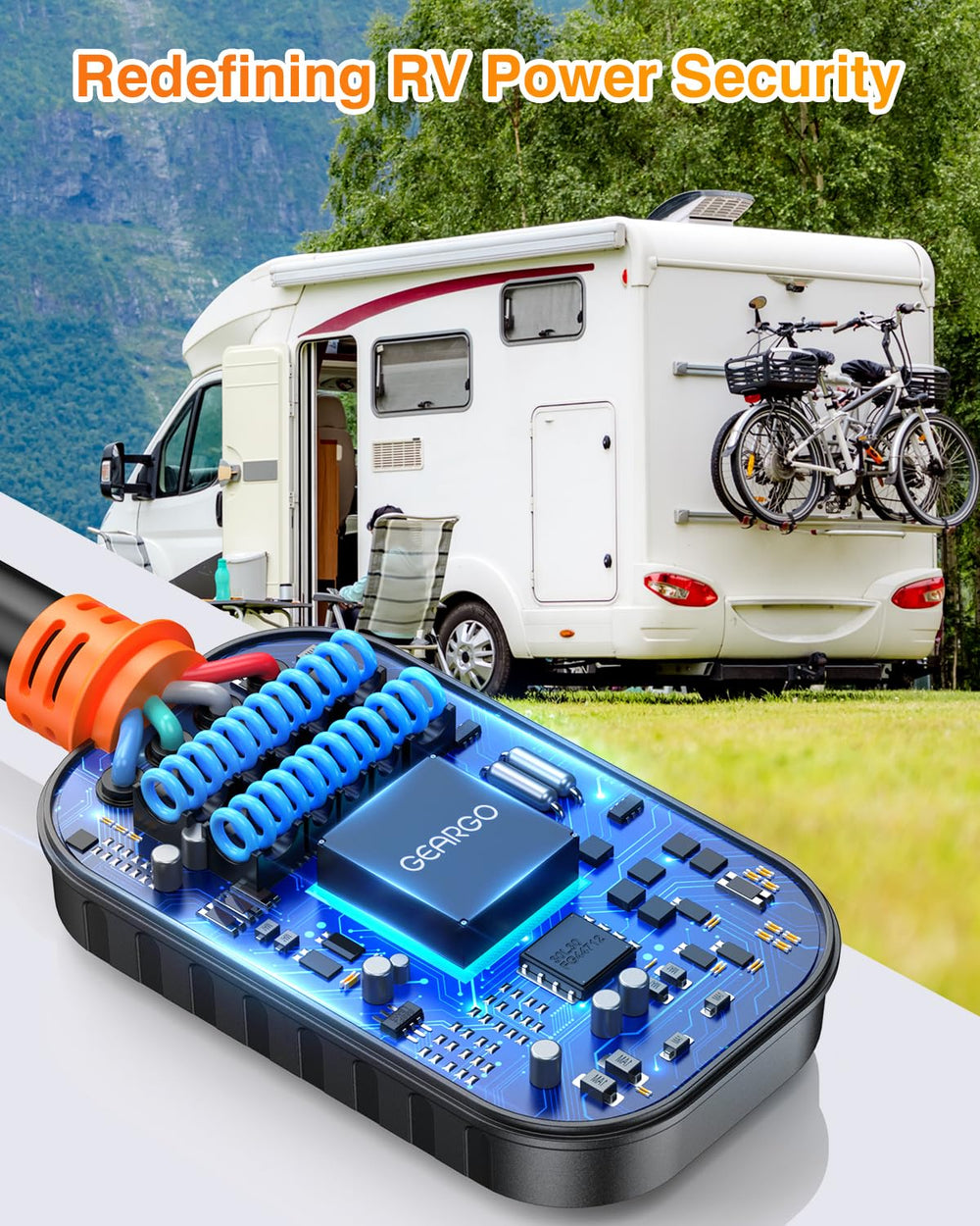 GEARGO connected to an RV pedestal in campsite protecting appliances while parked