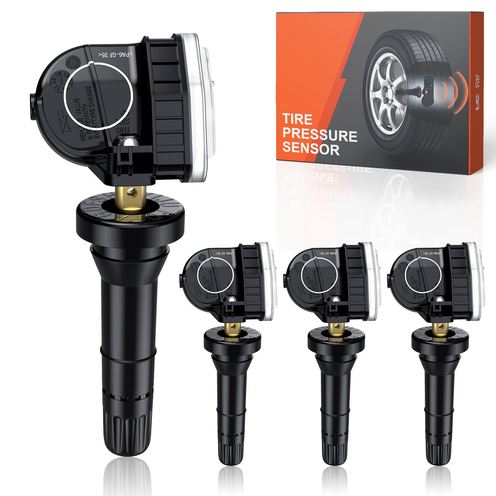 GEARMEISTER front view of 4-pack TPMS sensors showing ready-to-install kit and peace of mind