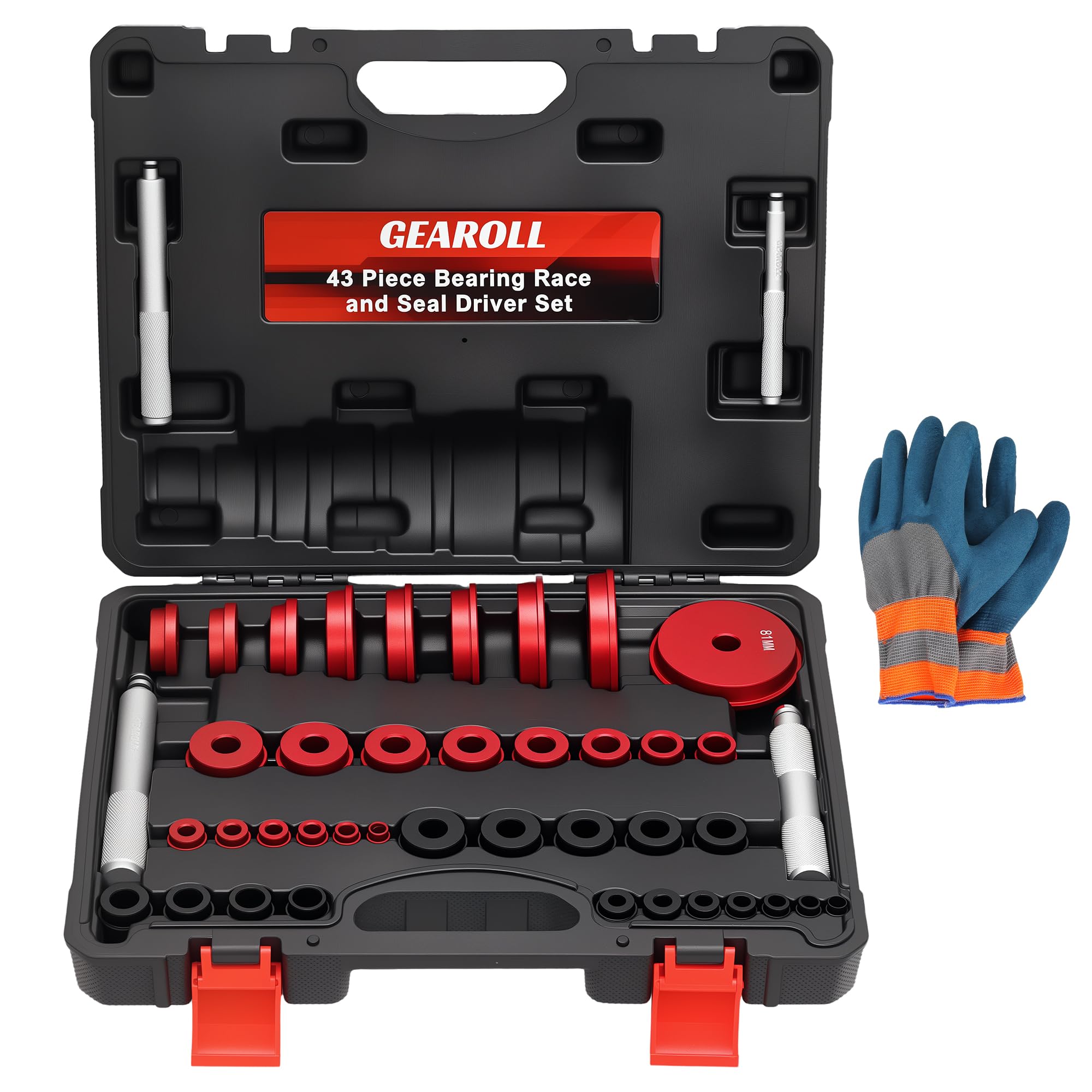 GEAROLL front view of 43-piece bearing press kit showing organized components and case, improves workflow