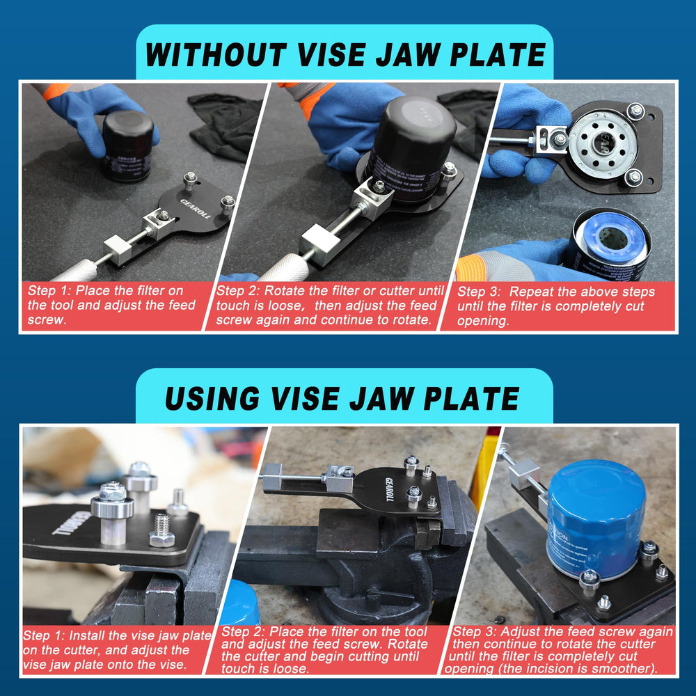 GEAROLL tool cutting a filter demonstrating easy opening and safer inspection
