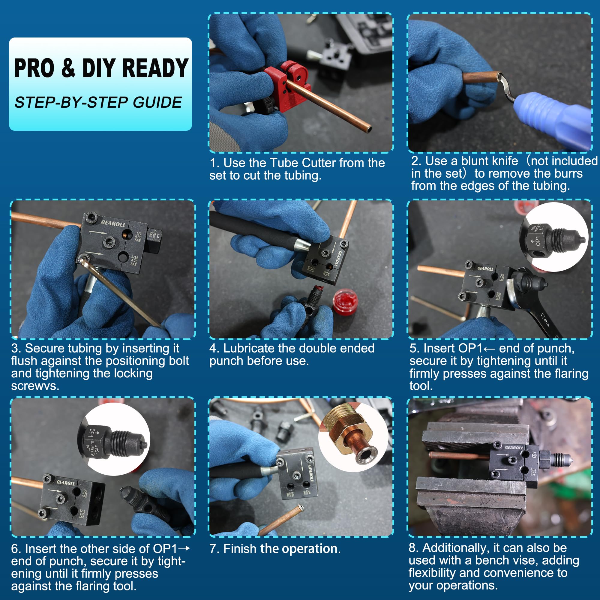 GEAROLL tube cutter and detachable handle shown for faster prep and operation