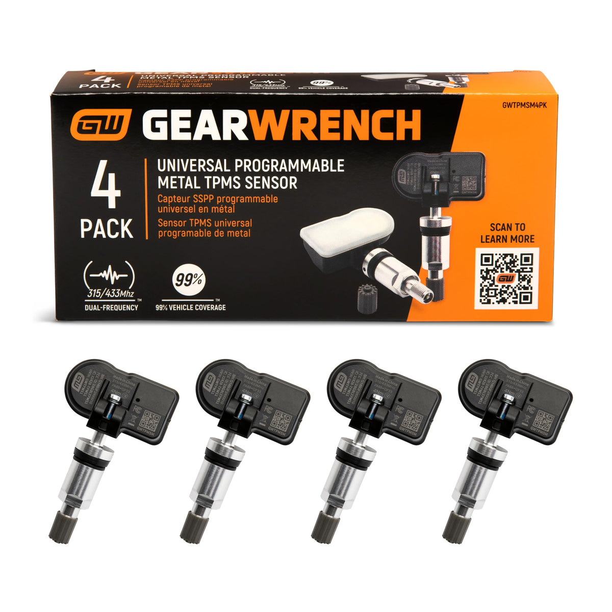 GEARWRENCH front pack shot showing four metal TPMS sensors and benefits
