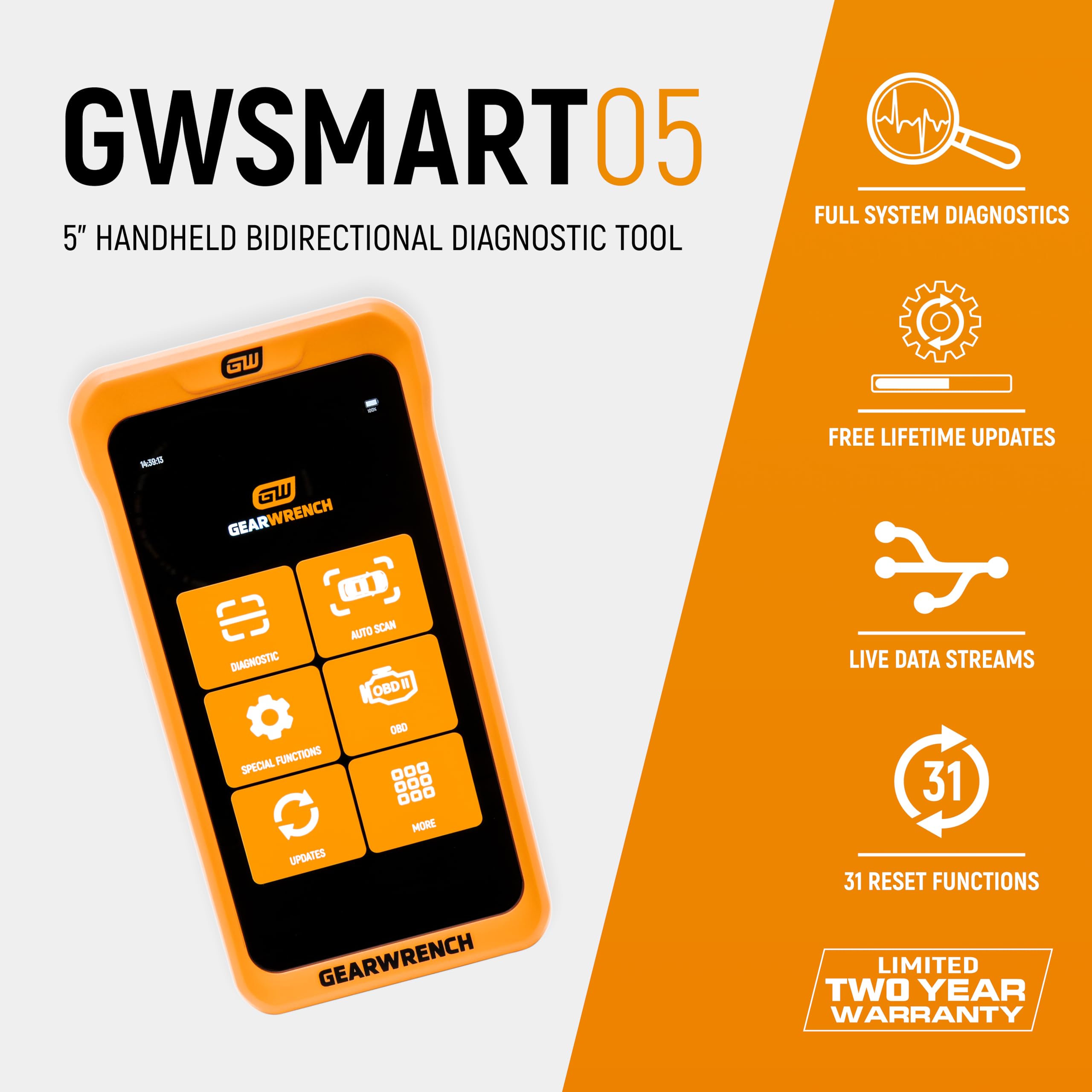 GEARWRENCH GWSMART05 side connector view showing durable OBD port connection