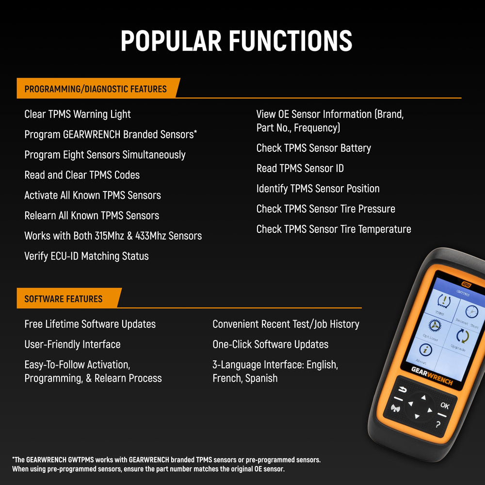 GEARWRENCH GWTPMS ports and battery compartment view for reliable power