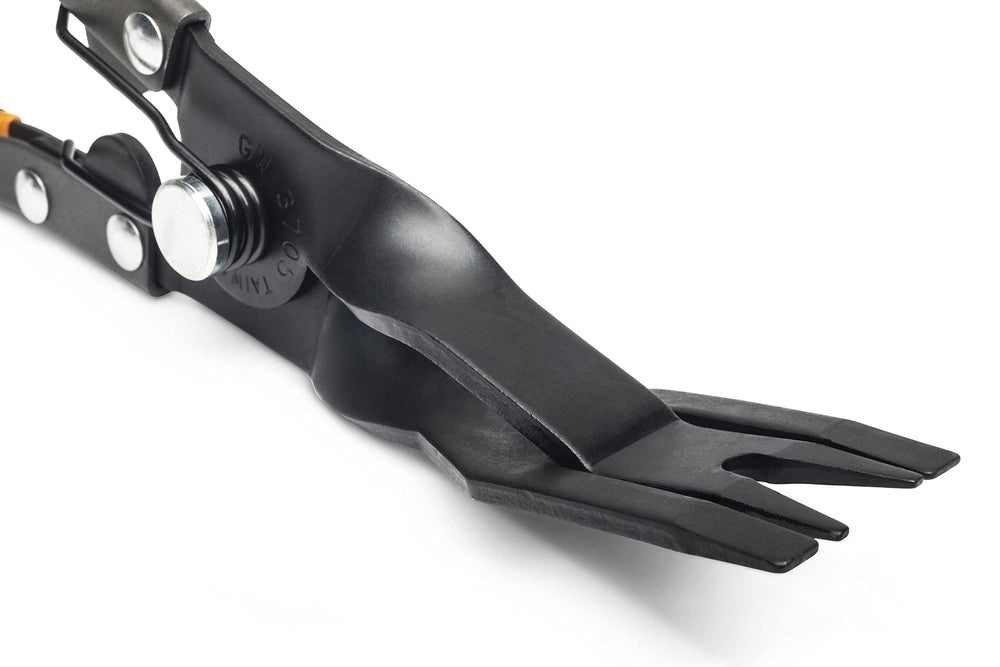GEARWRENCH pliers removing door panel clip demonstrating faster, low-damage removal