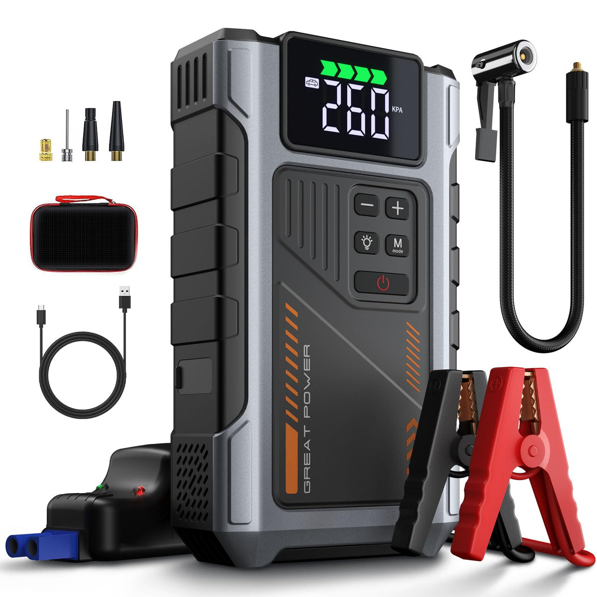 Geeneu front view with smart cable showing compact design and trunk-ready portability