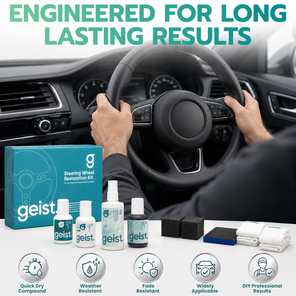 Geist before-and-after steering wheel comparison highlighting restored black finish benefit