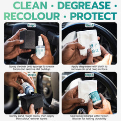 Geist Dye & Friction Blocker bottle with sample finish showing protection against wear