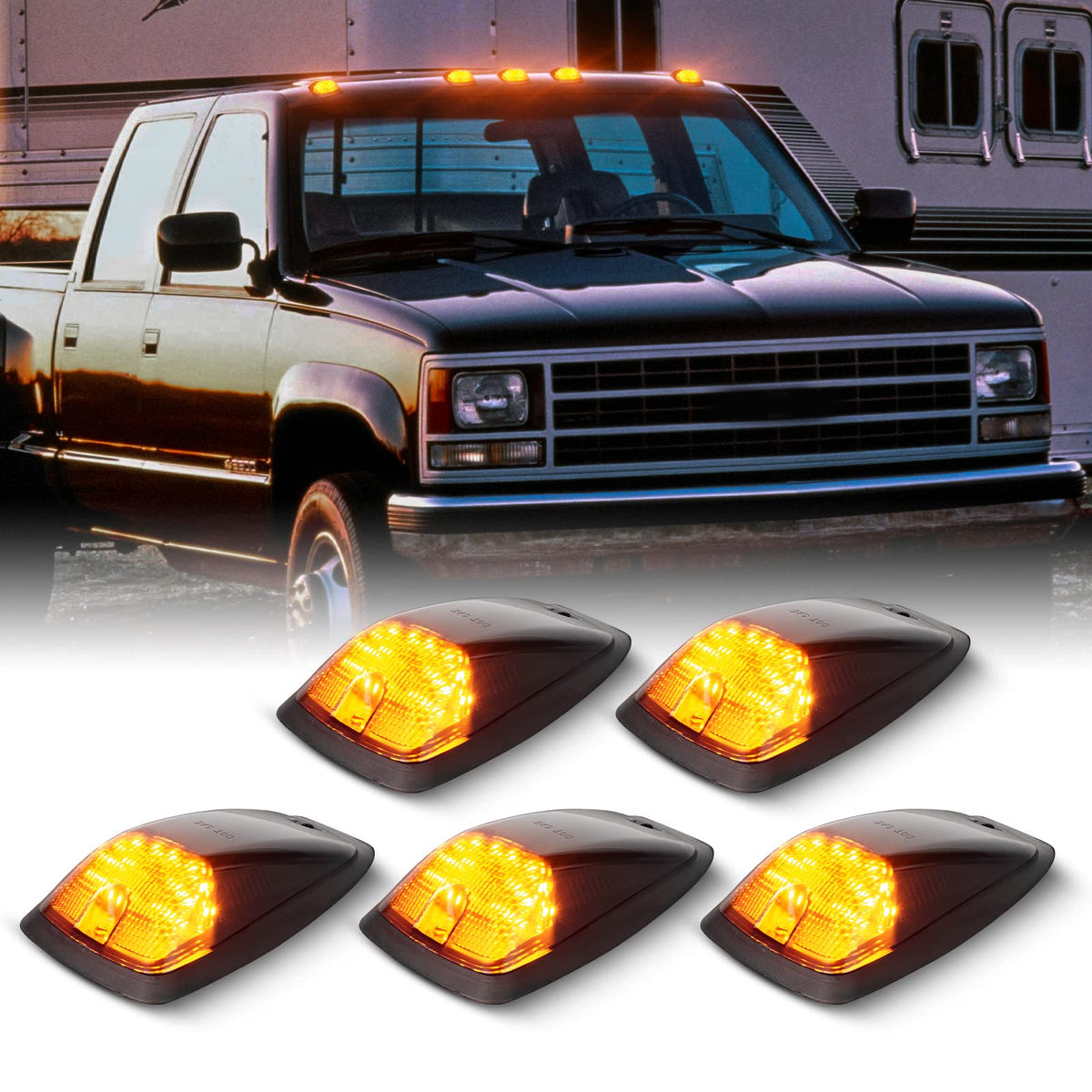 Gempro front view of five smoked-lens amber marker lights showing direct-fit benefit