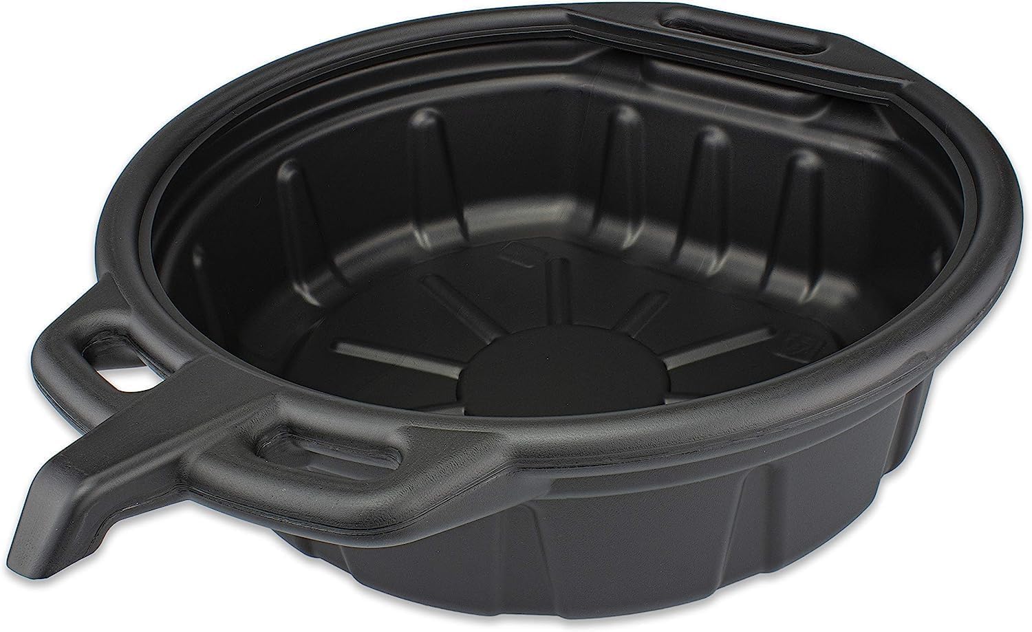Generic front view of drain pan showing capacity and low-profile for easy vehicle access