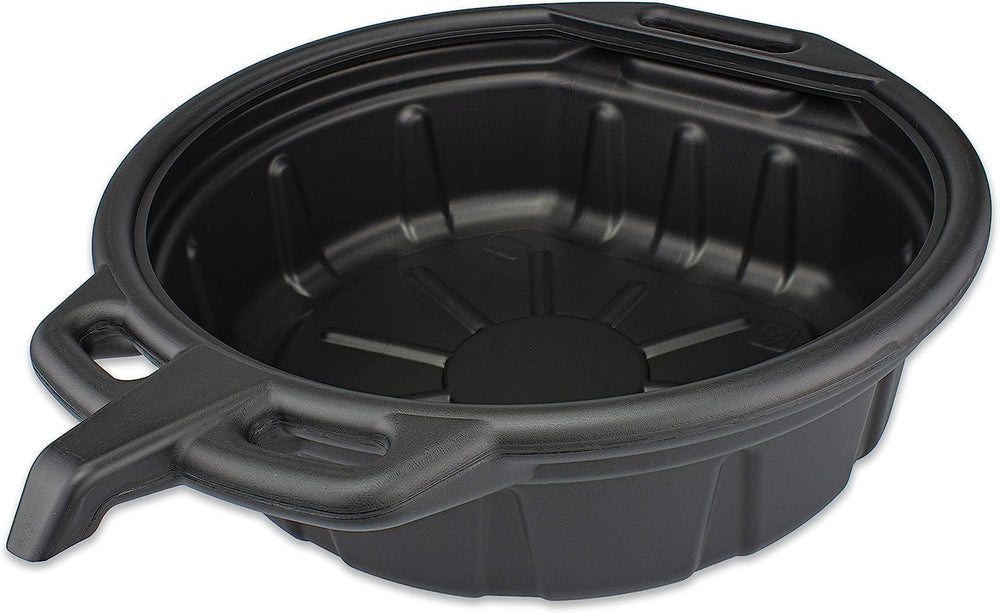 Generic front view of drain pan showing capacity and low-profile for easy vehicle access