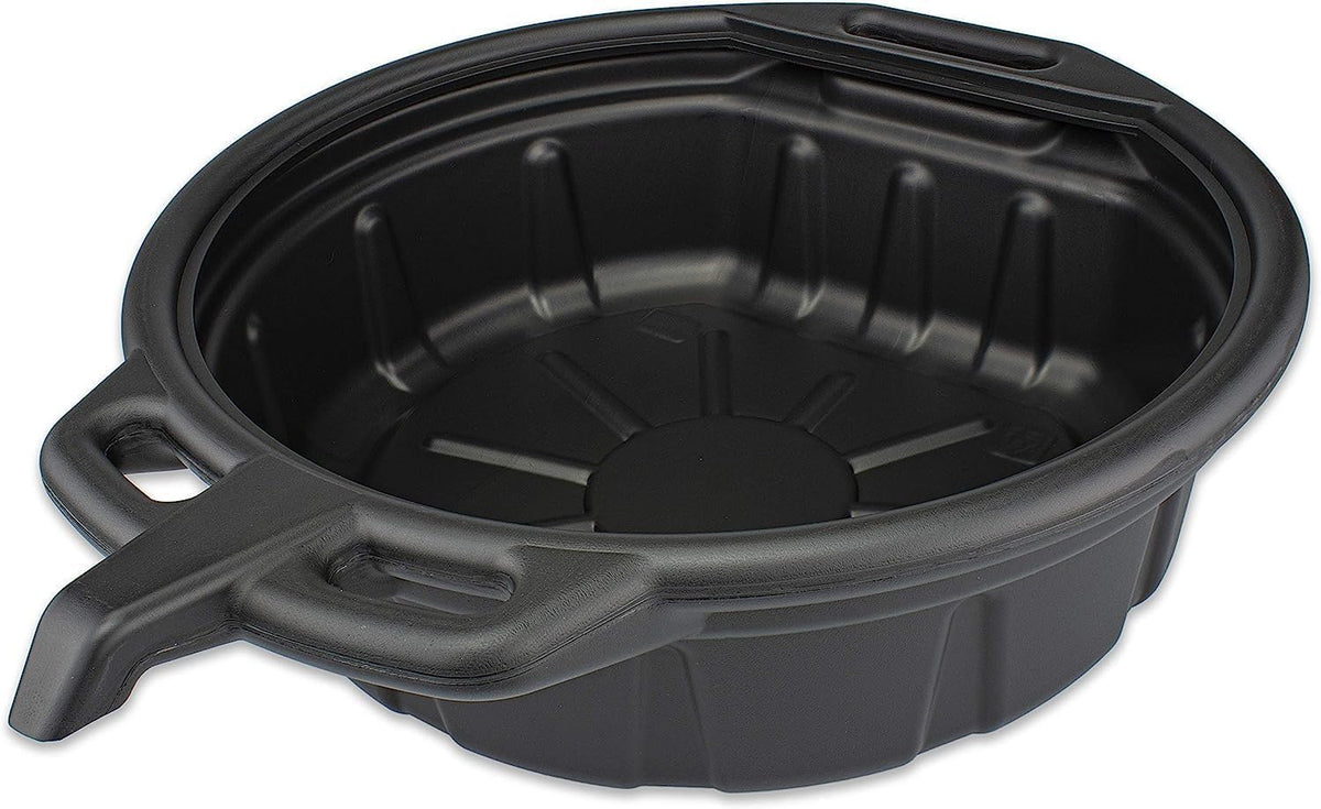 Generic front view of drain pan showing capacity and low-profile for easy vehicle access