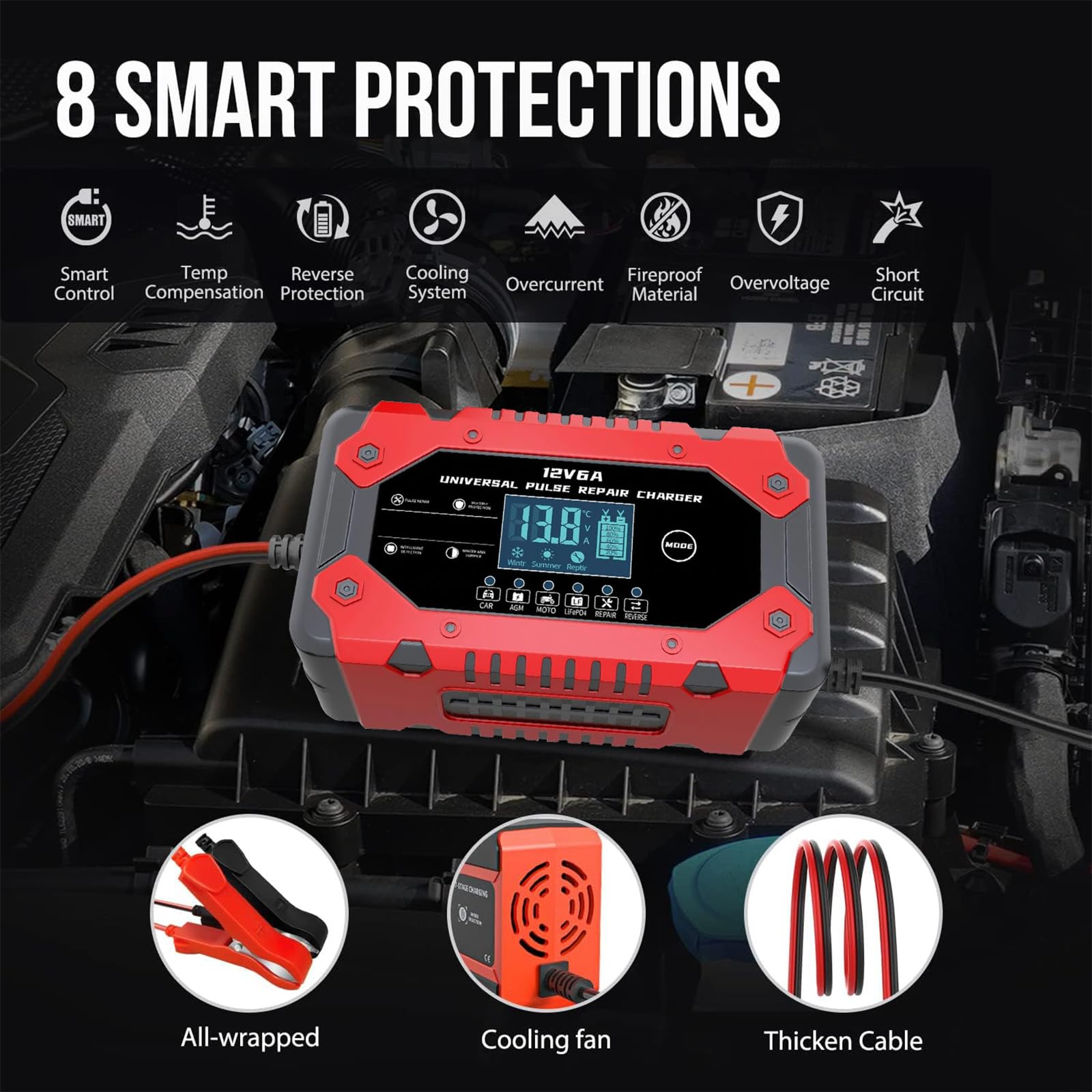 Generic alligator clamps and cables connected, brand ensures secure battery contact