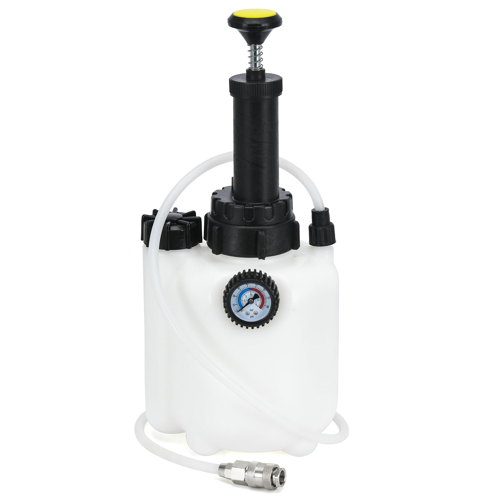 Generic brand clear 1L collection bottle capturing old brake fluid for safe disposal