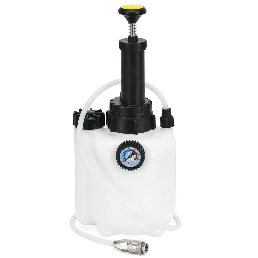 Generic brand clear 1L collection bottle capturing old brake fluid for safe disposal