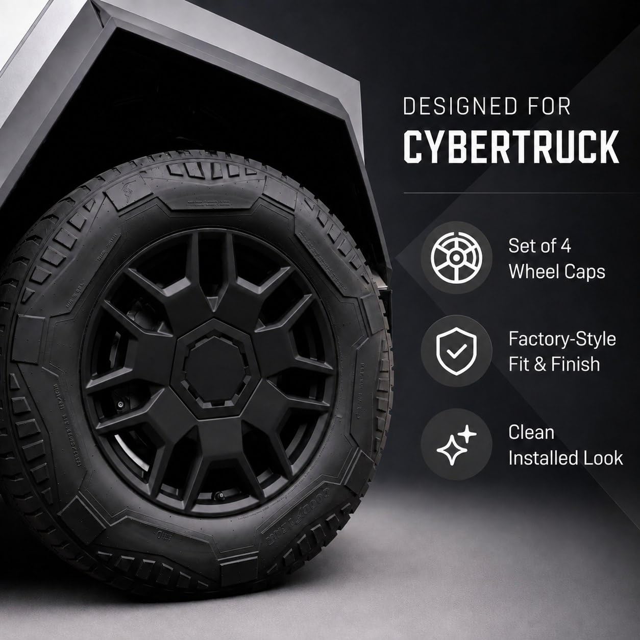Generic Cyber wheel cap close-up of matte texture showing durable geometric detail