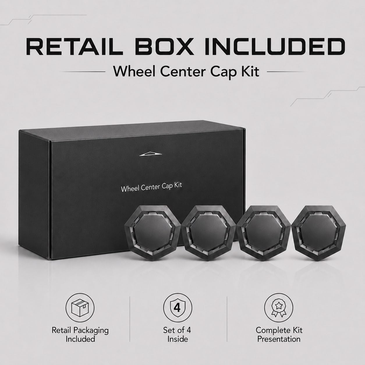 Generic Cyber wheel cap open retail box showing brand packaging protects caps