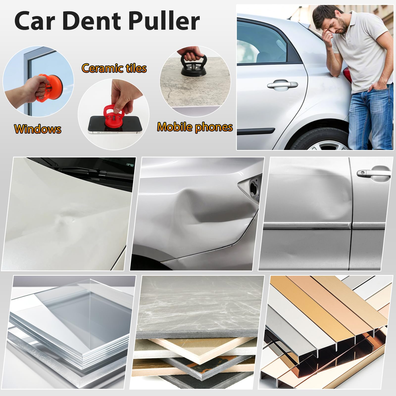 Generic tool in use on a car door showing a dent being pulled for quick DIY repair
