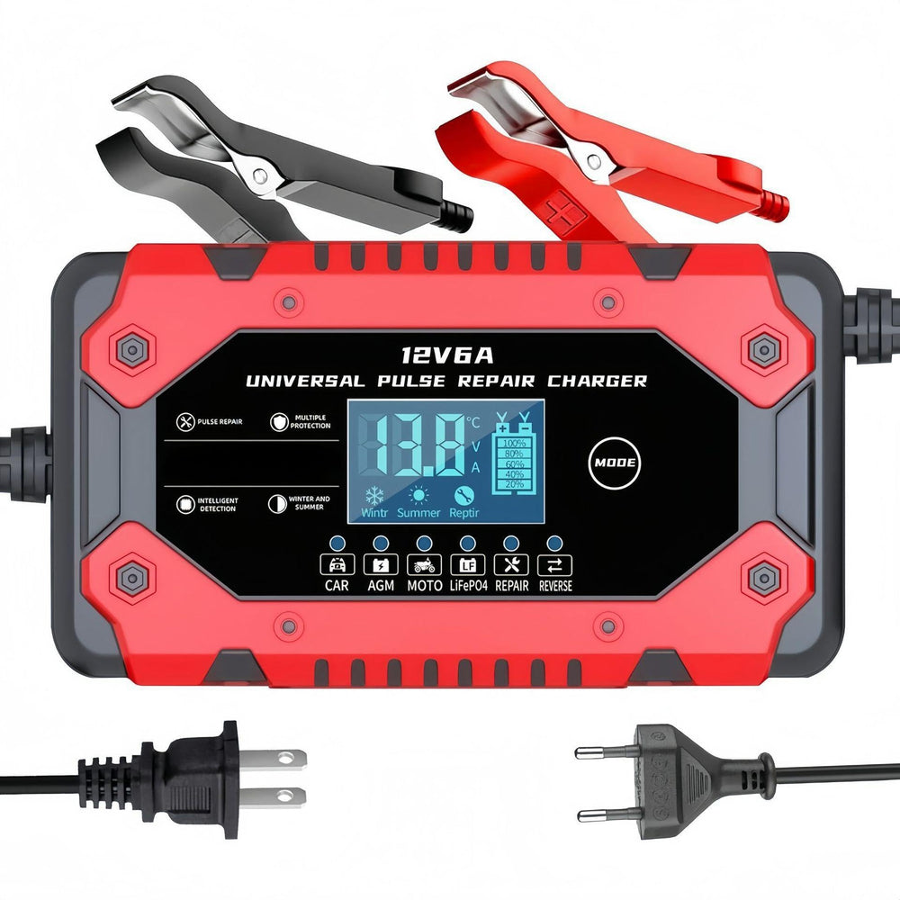 Generic charger front view showing ports and compact design, brand protects batteries