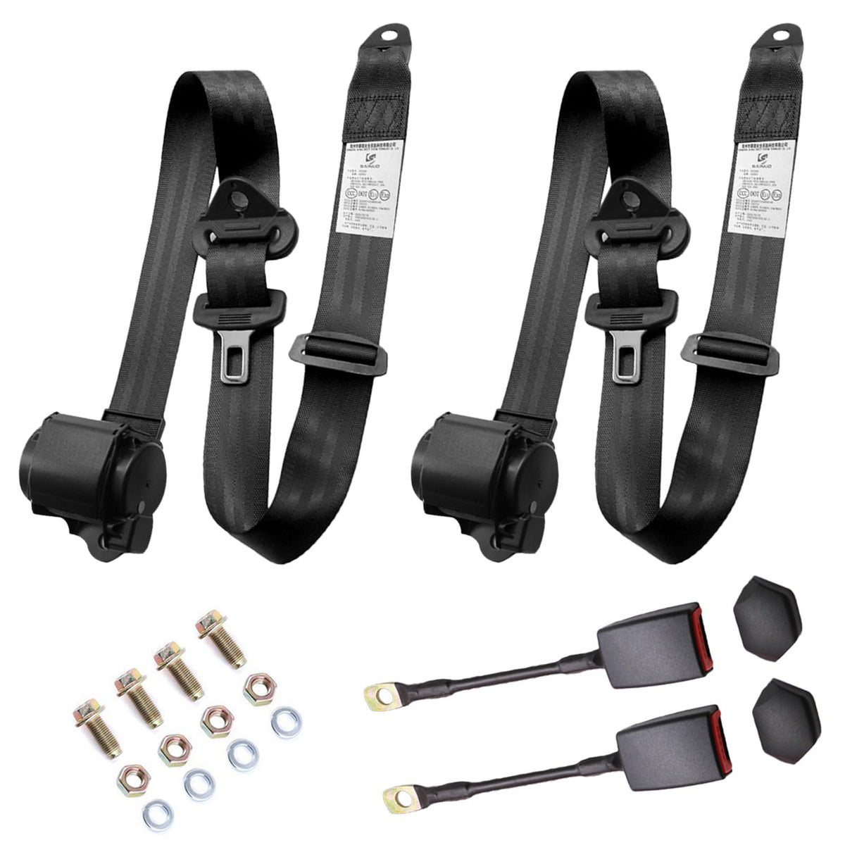 Generic front view of belt pair showing compact retractor and buckle benefits