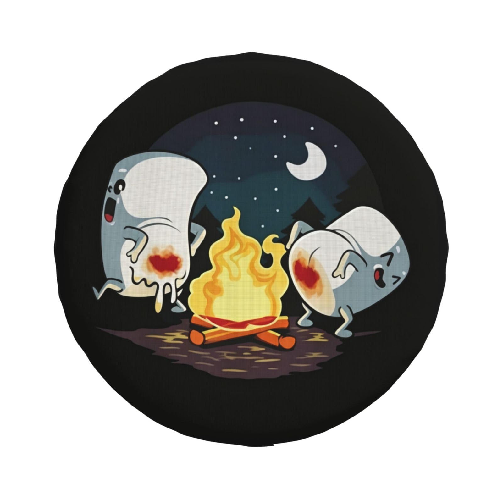 Generic front view of spare tire cover showing campfire marshmallow design and protection