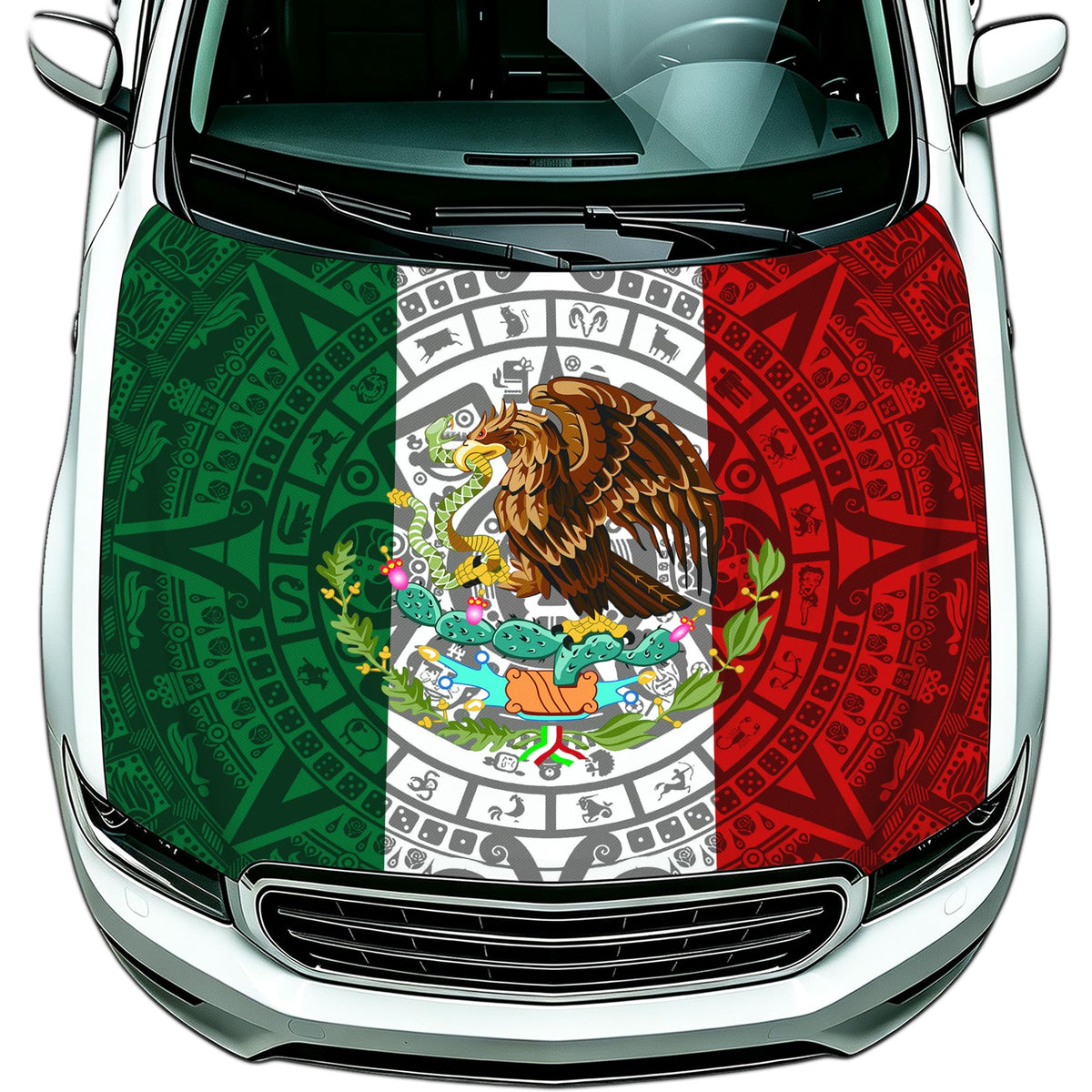 Generic Mexico flag hood cover front view showing bold national design and clear display benefit