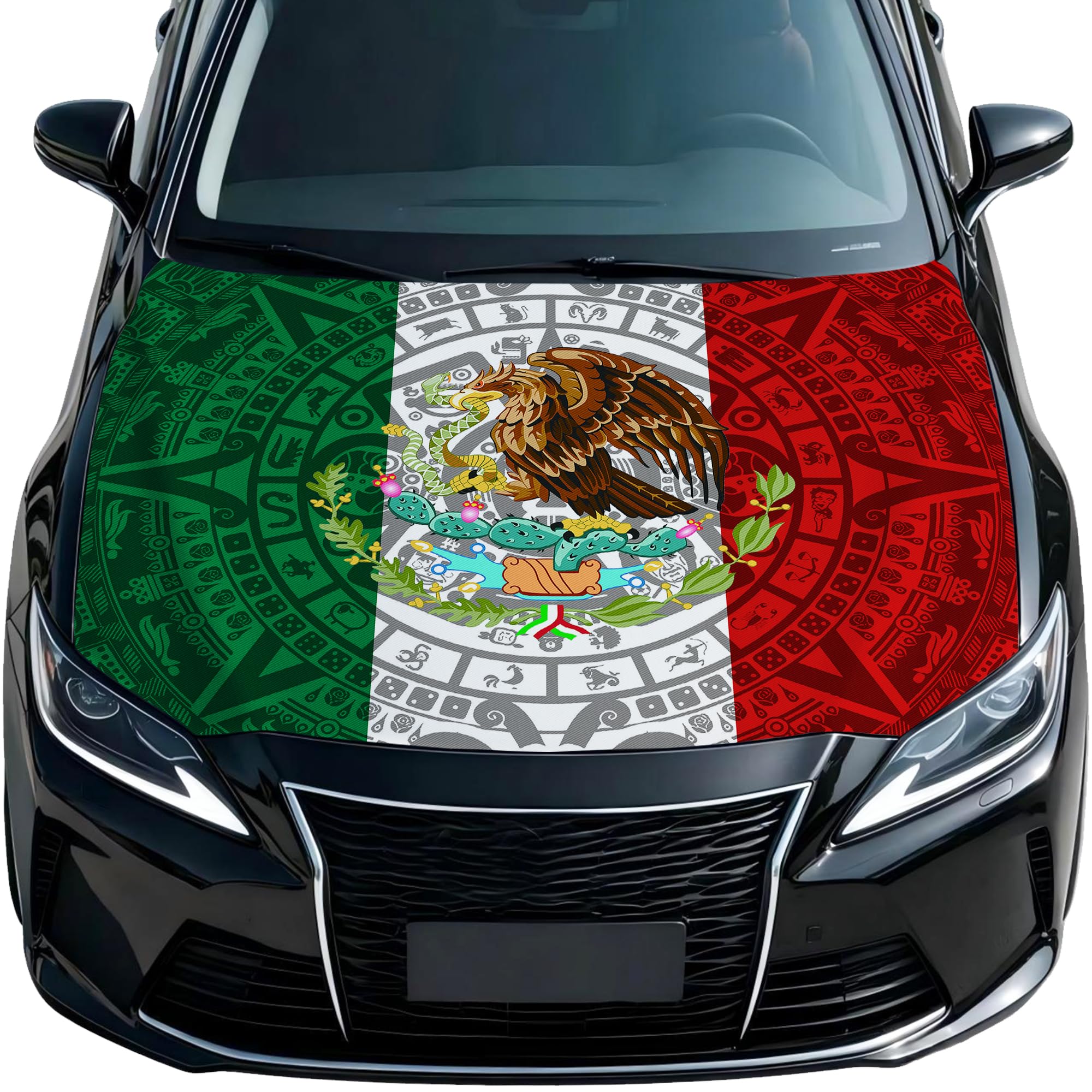 Generic Mexico flag bonnet cover on parked car in driveway showing festive display and protection benefit