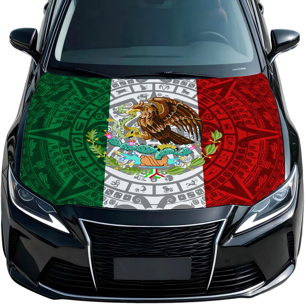 Generic Mexico flag bonnet cover on parked car in driveway showing festive display and protection benefit