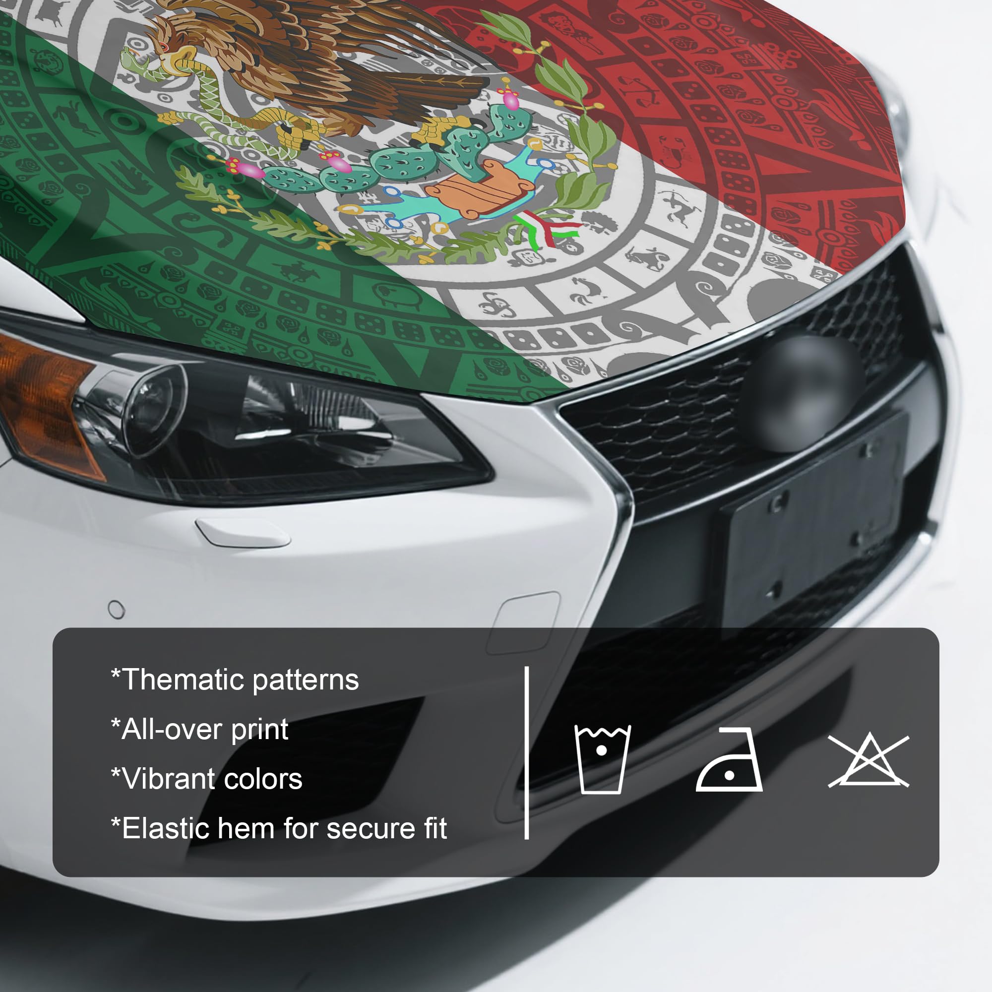 Generic Mexico flag stretched on car hood showing secure fit and protective coverage benefit