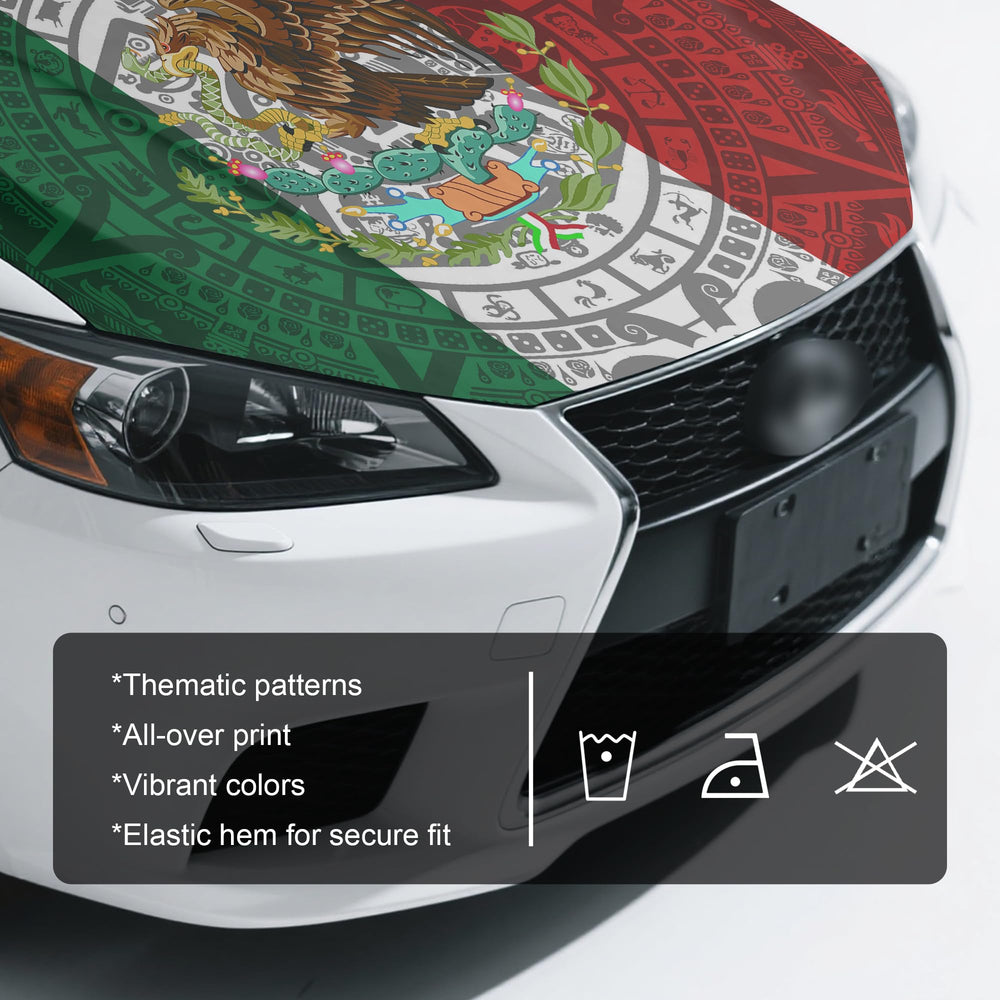 Generic Mexico flag stretched on car hood showing secure fit and protective coverage benefit