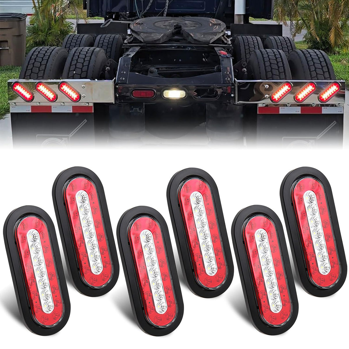 Generic front view of oval LED tail light showing red and white lenses and bright visibility