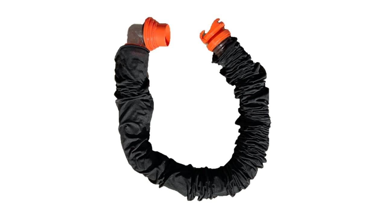 Generic coiled hose in RV storage compartment keeping space clean and organized