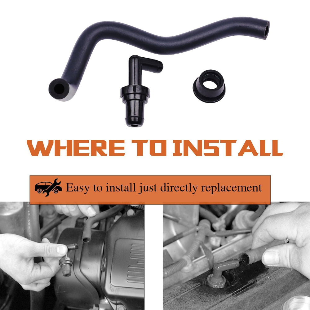 Generic PCV kit contents laid out packaged with valve, grommet and hose, Generic brand, ready for installation
