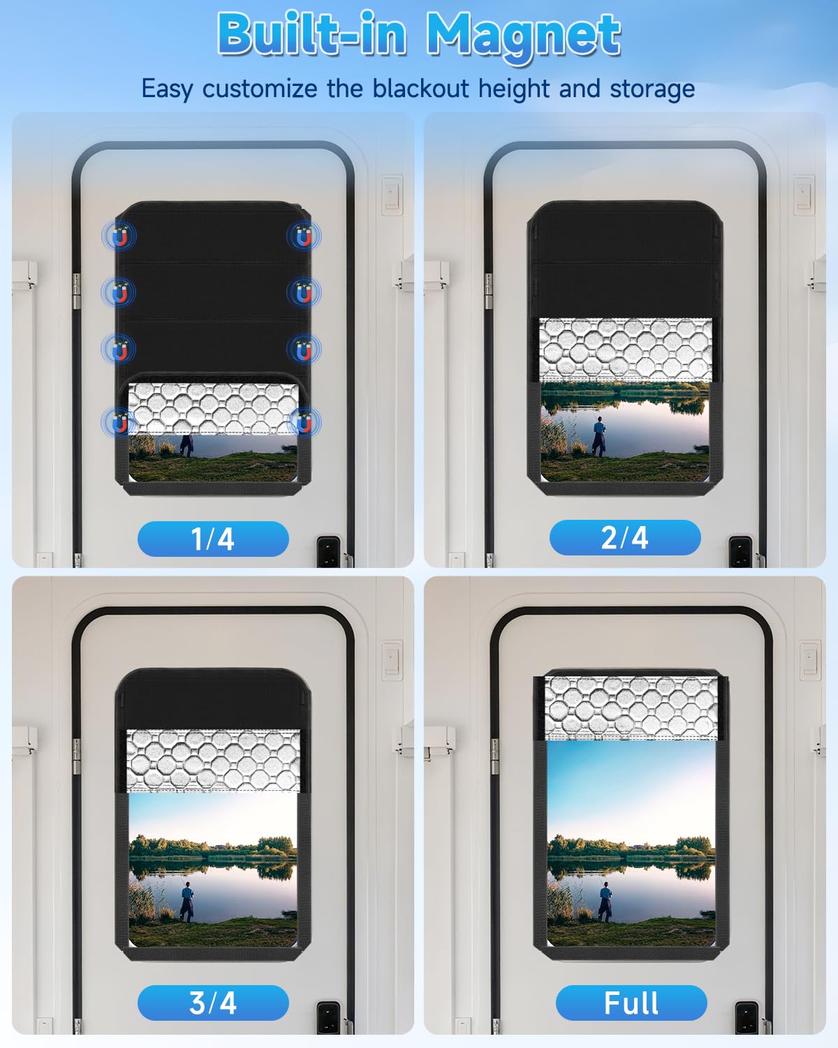 Generic shade in use on camper door illustrating privacy and light control benefit