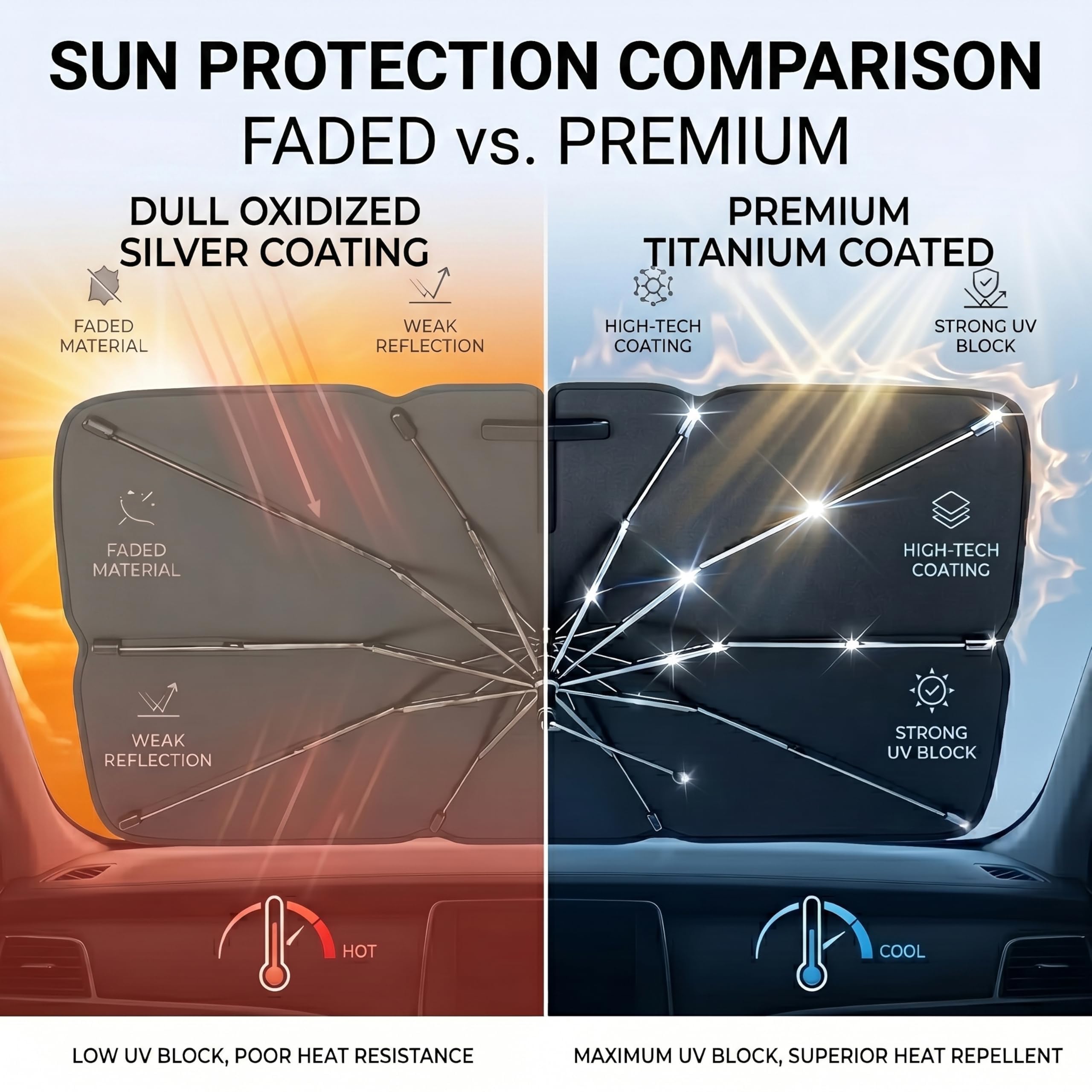 Generic titanium reflective surface close-up showing sun-blocking effect