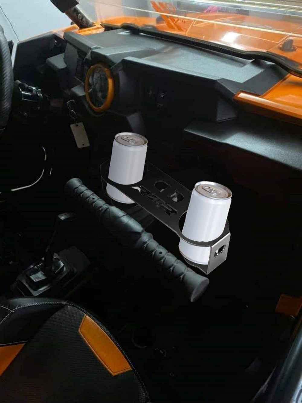 Generic garb bar cup holder on UTV in trail setting, Generic benefit: keeps drinks within reach