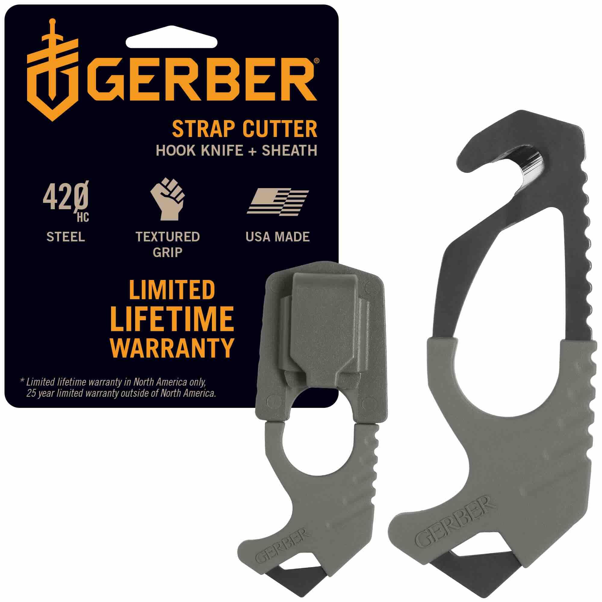 Gerber front view showing cutter and sheath for quick access benefit