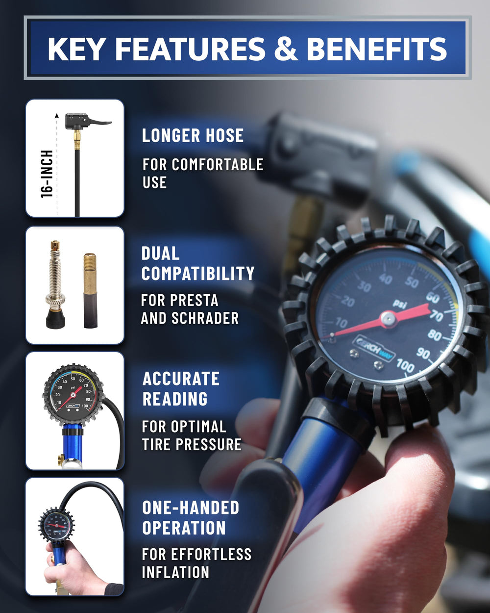 GERCHWAY dual-head chuck detail, easy Presta and Schrader switching benefit