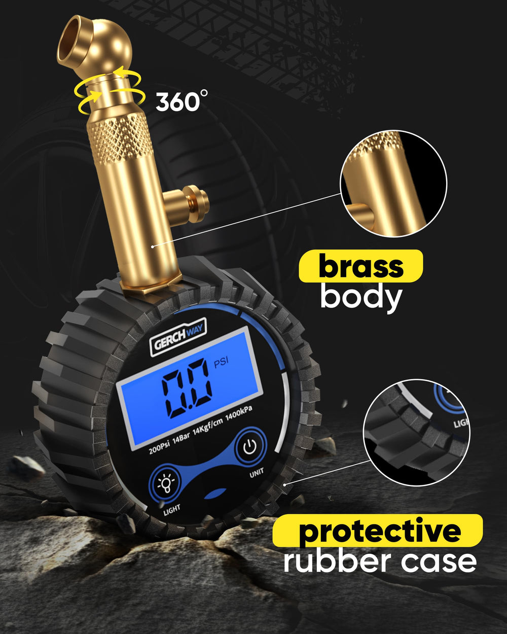 GERCHWAY gauge brass body detail highlighting durable construction and corrosion resistance