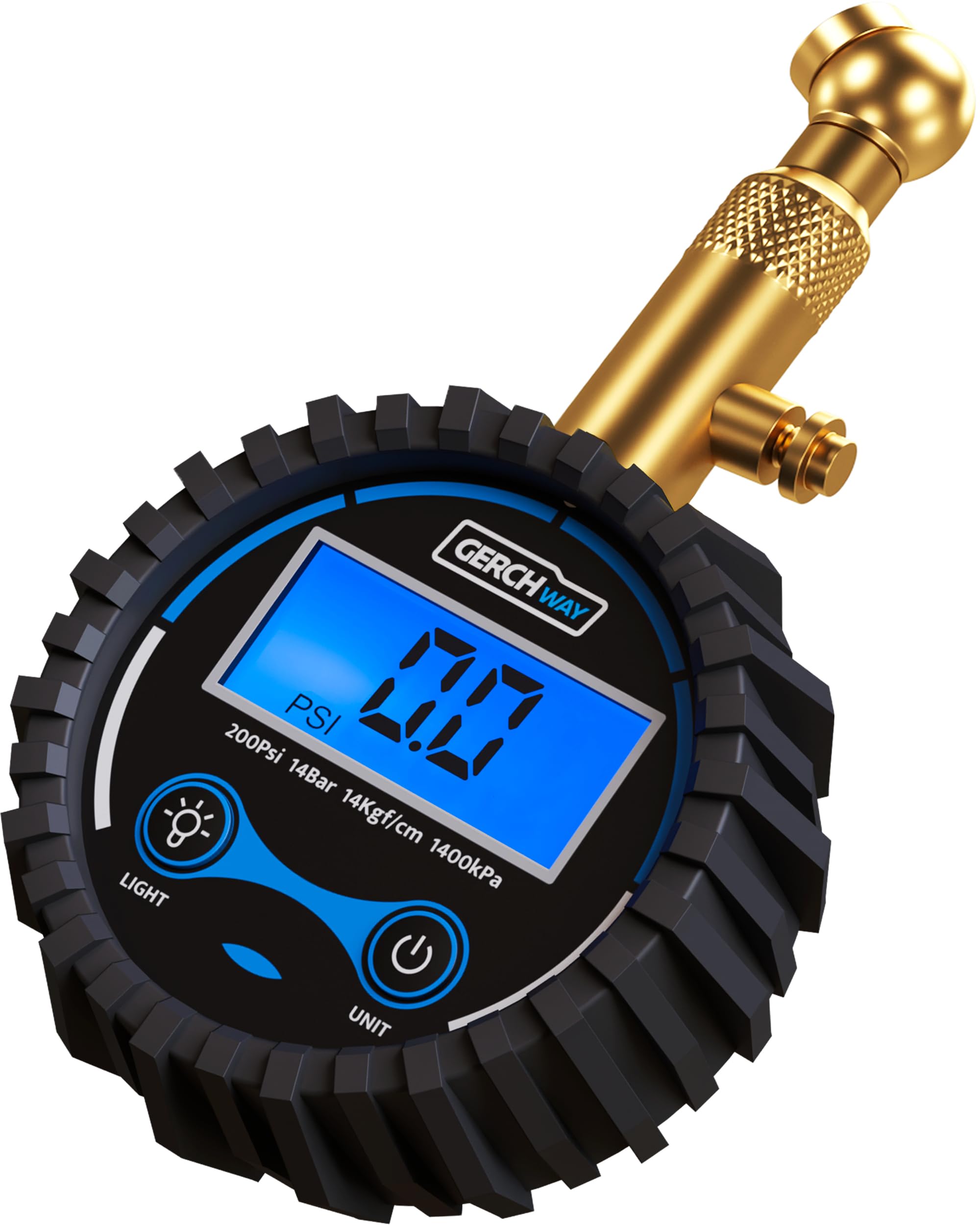 GERCHWAY gauge front view showing clear display and rubber case for easy reading