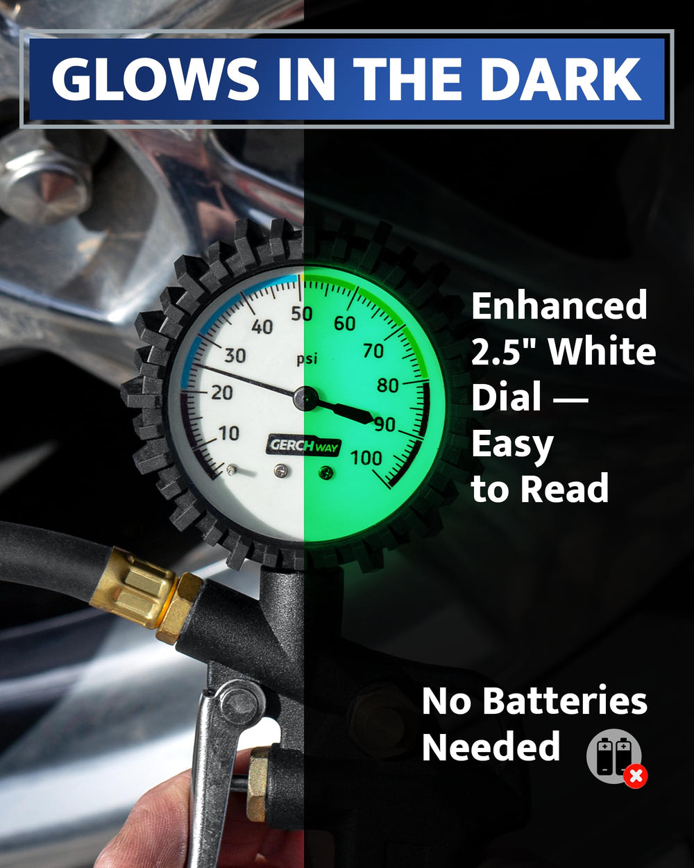 GERCHWAY inflator attached to a car tire showing fast, accurate inflation