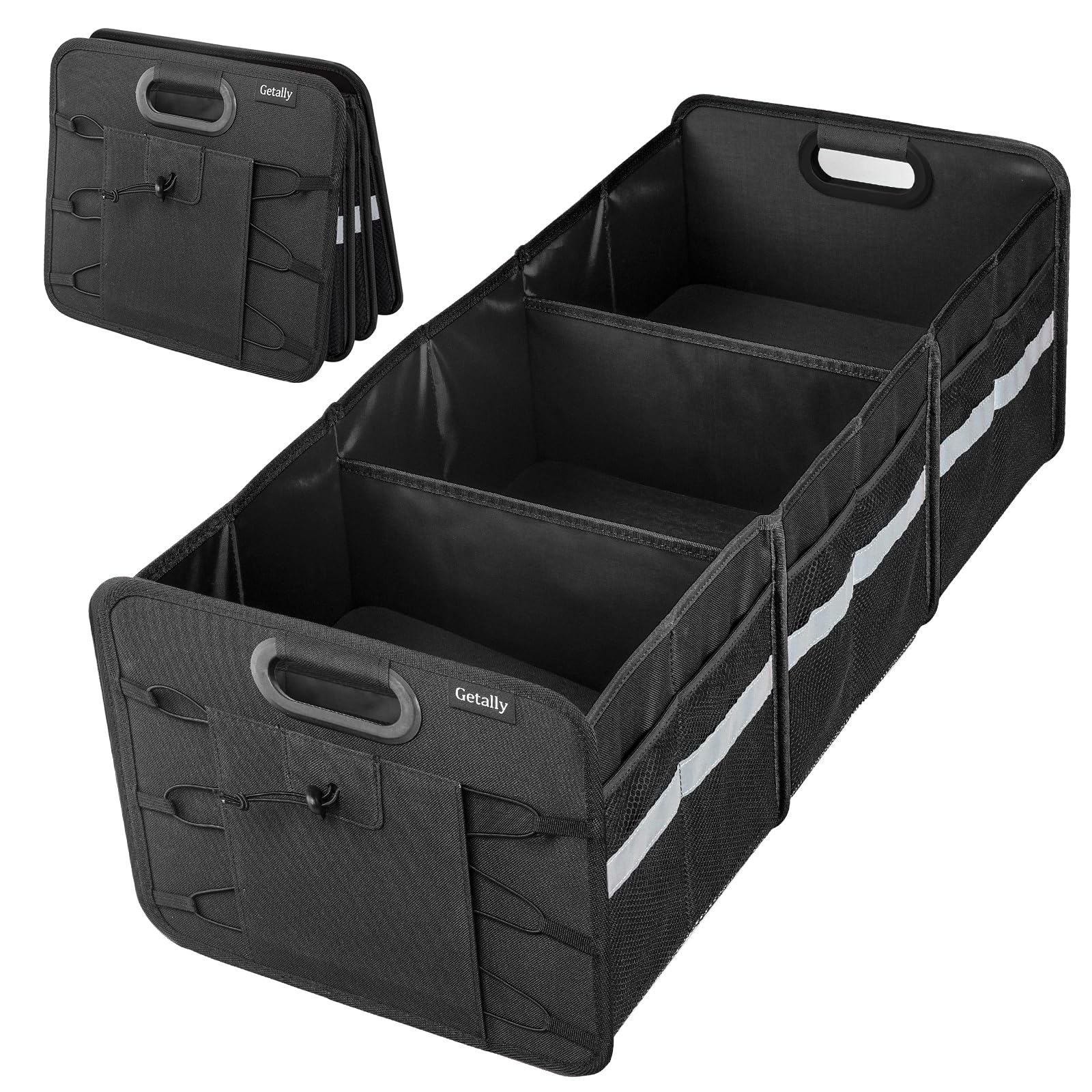 Getally front view of trunk organizer showing stable base and compartments for tidy storage