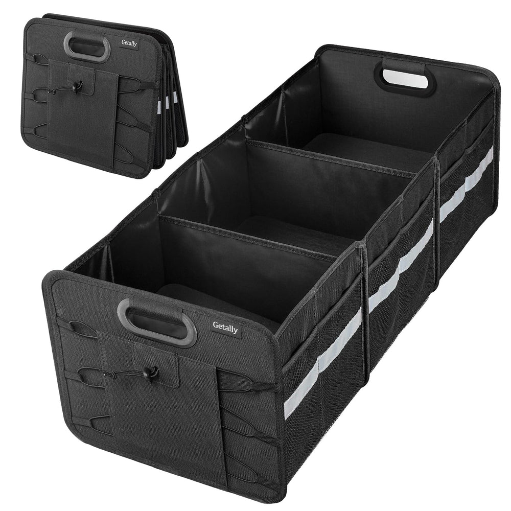 Getally front view of trunk organizer showing stable base and compartments for tidy storage
