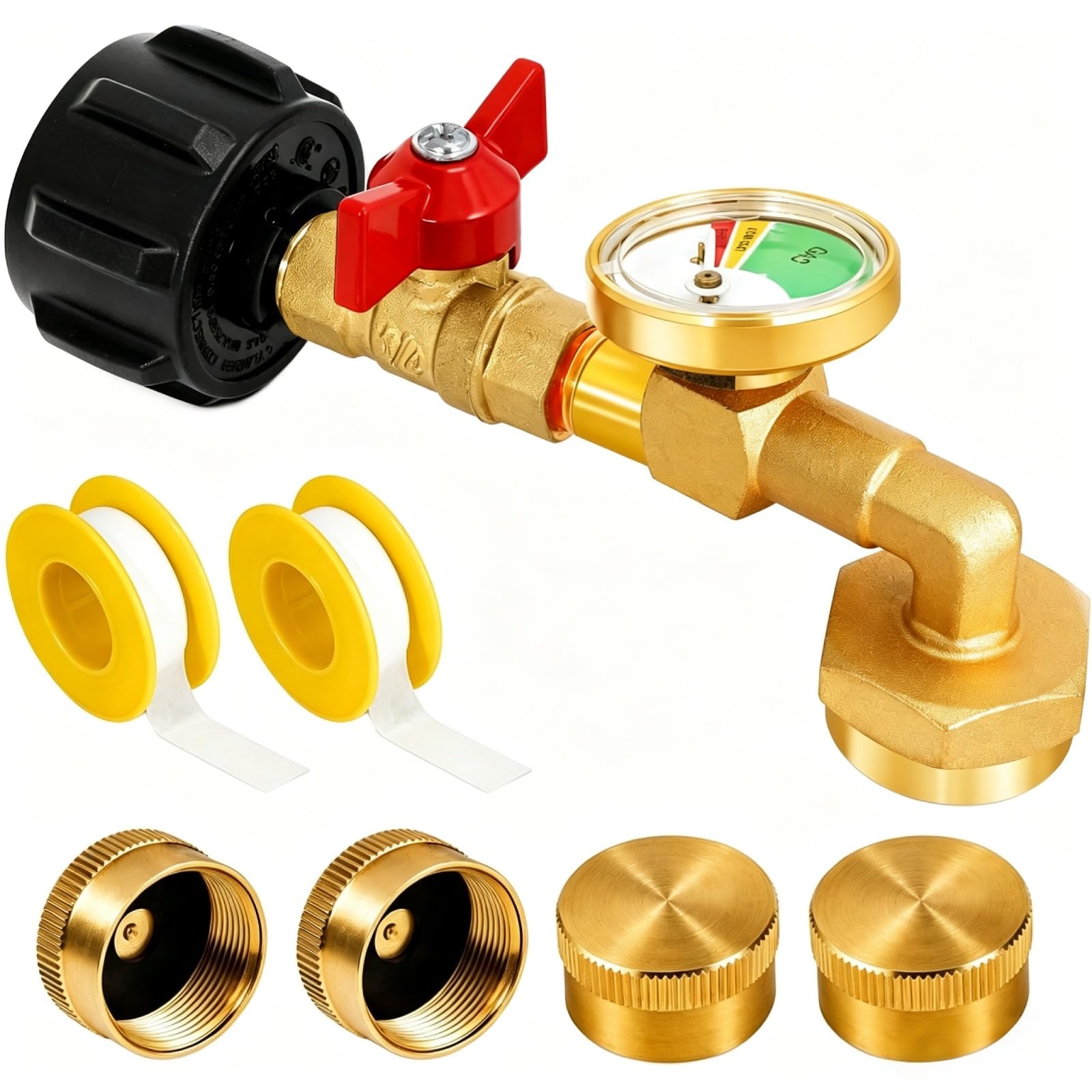 Getoolet front view of adapter kit showing compact brass elbow and caps, demonstrating portability