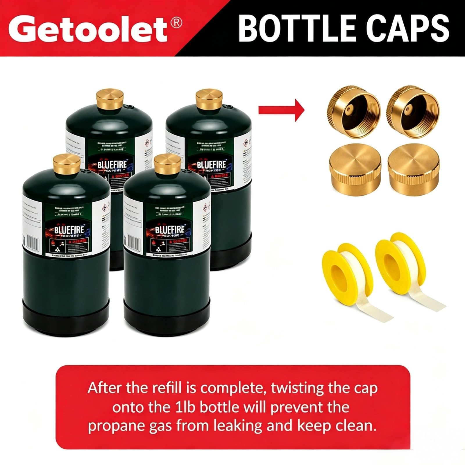 Getoolet kit accessories laid out with 4 caps and sealing tape for leak prevention and storage