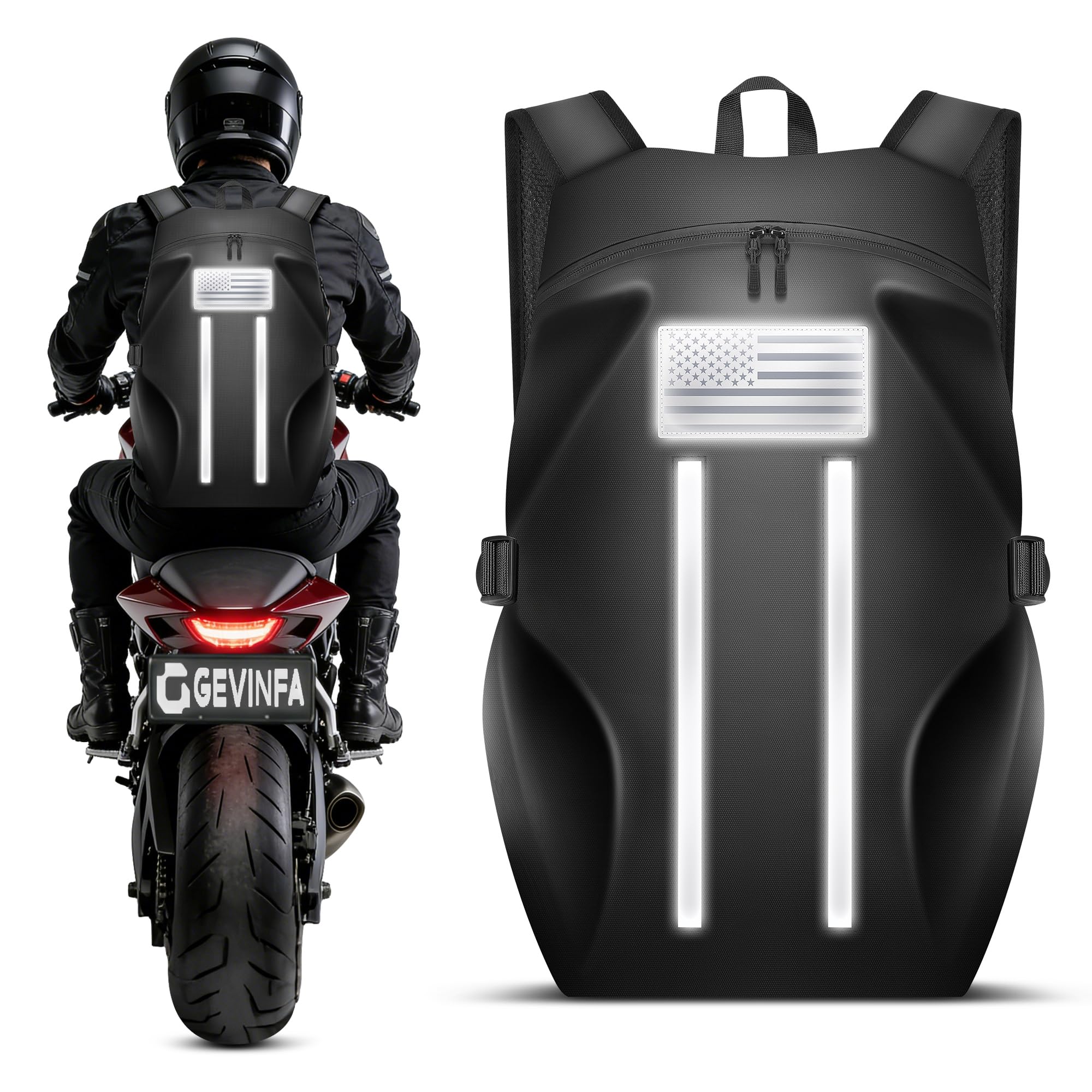 GEVINFA front view with helmet showing secure storage benefit
